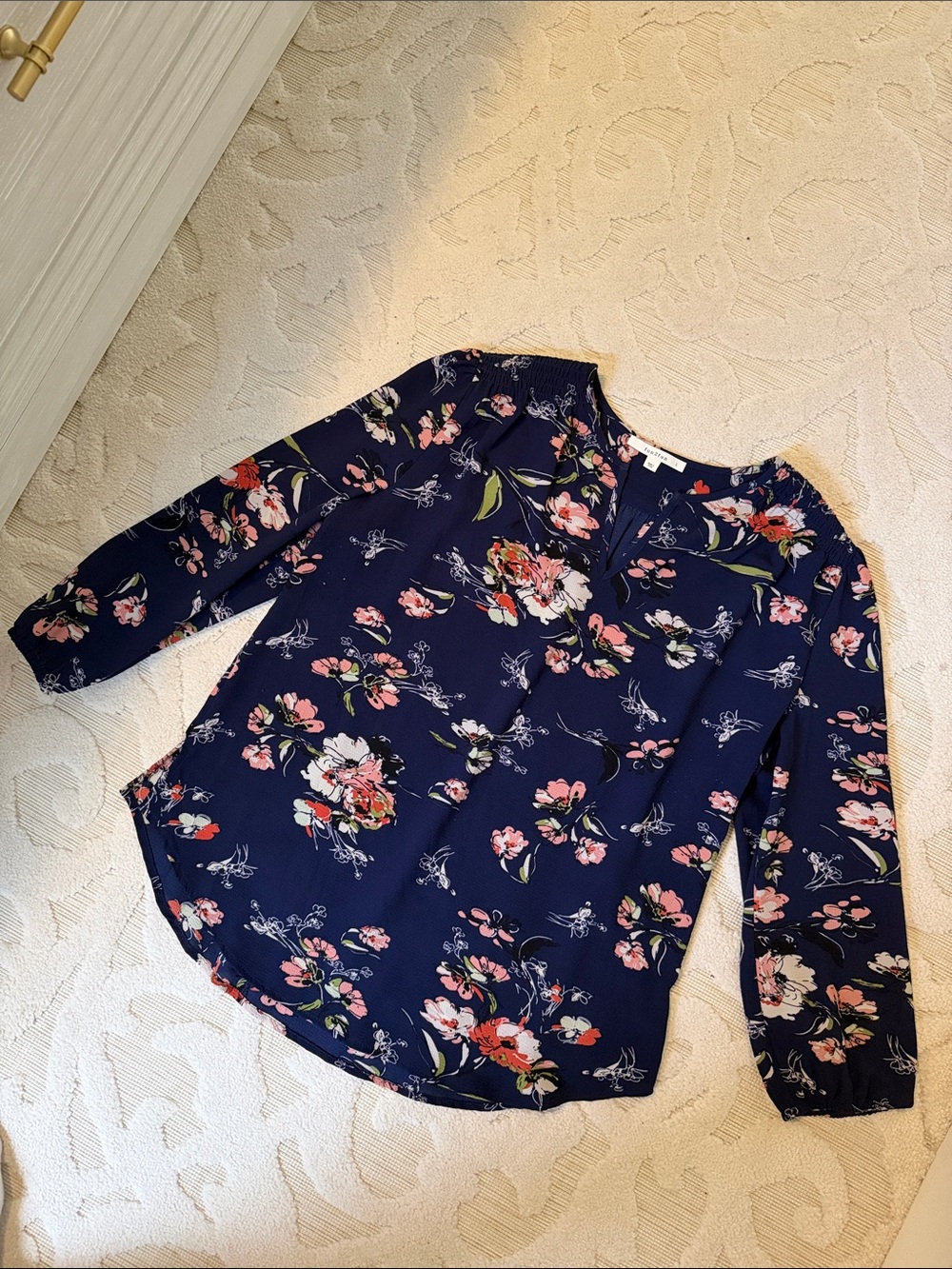 fun 2 fun Navy Floral Keyhole Blouse with Pink Accents